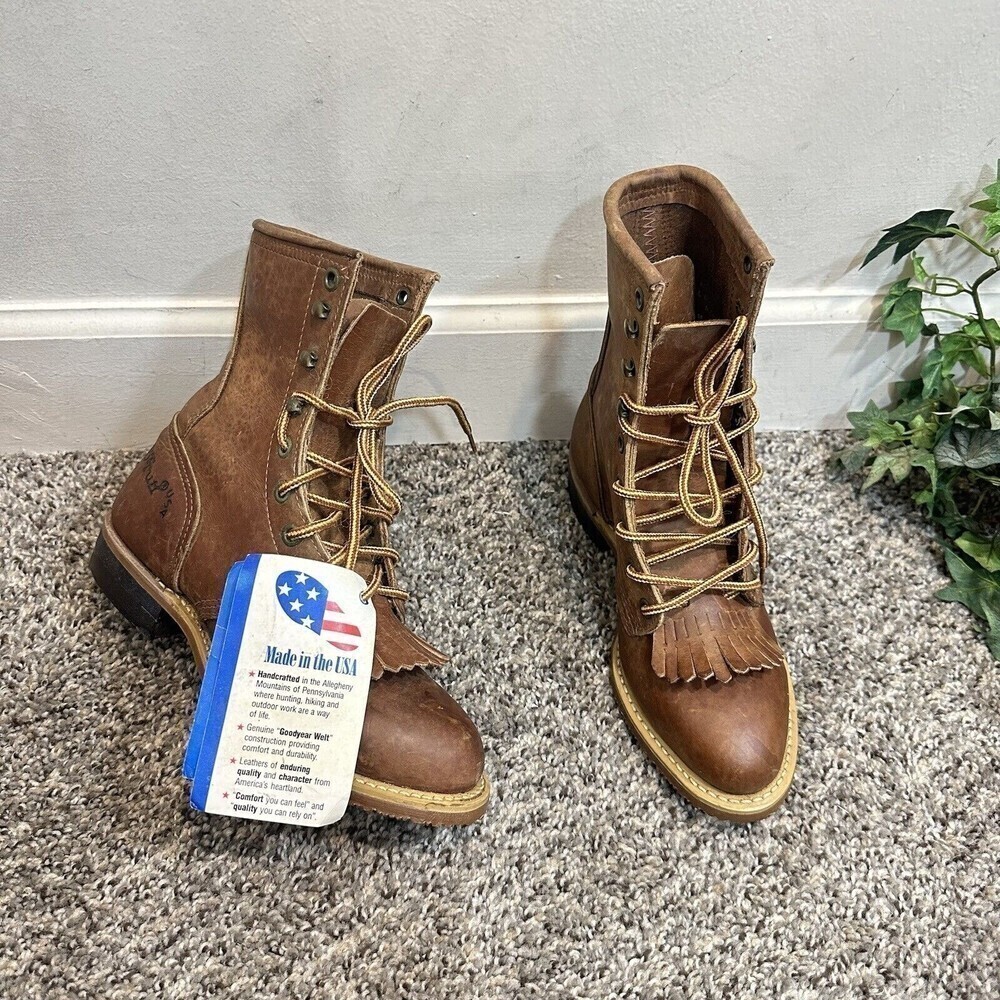 DD Tuff Handcrafted PACKER Leather Roper Kiltie Lace up Western Boots USA 6M New - Picture 2 of 9